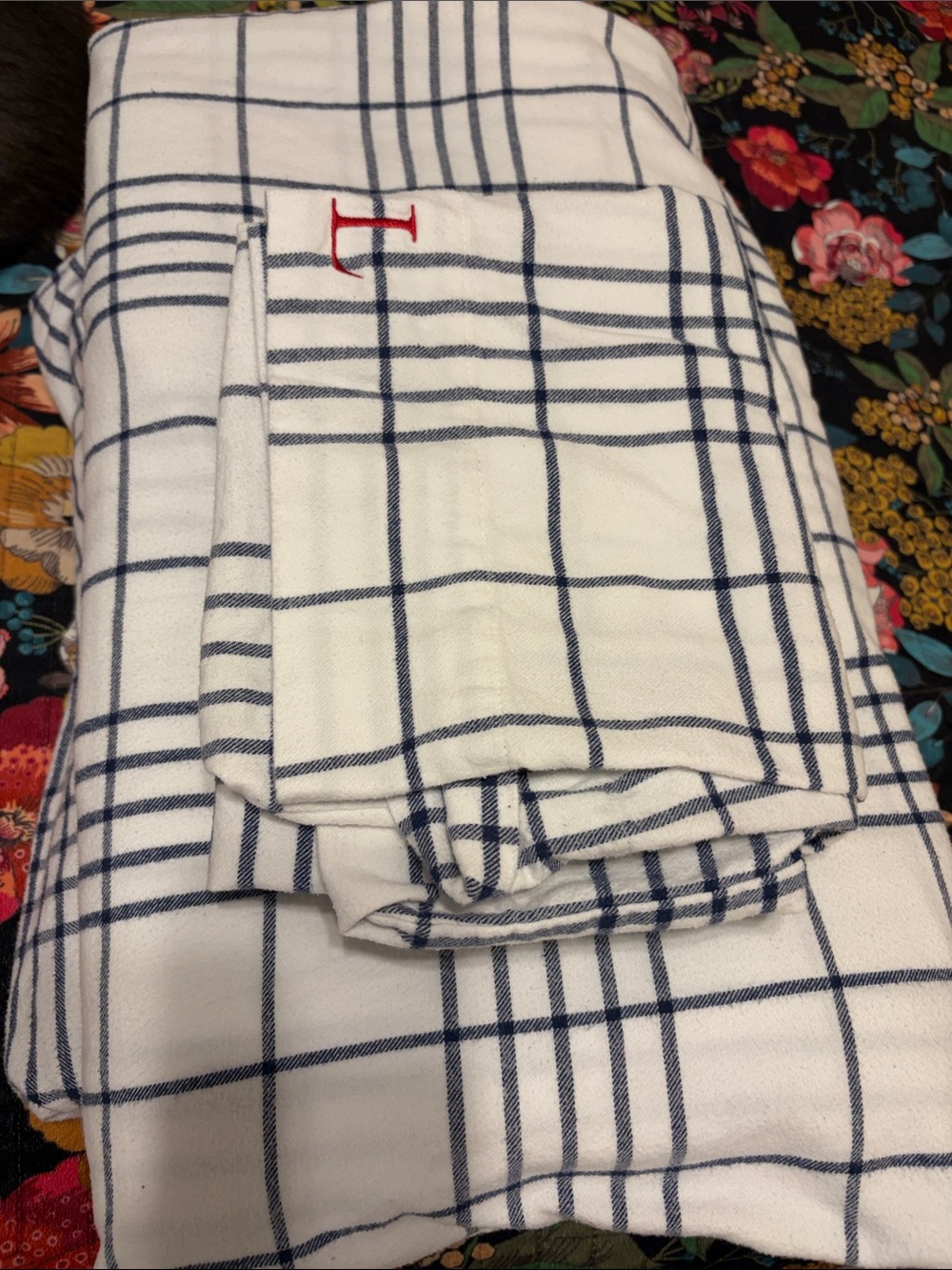 Lands' End White Navy Windowpane Flannel Queen Sheet Set Red Monogram “L” ⚓️🇺🇸